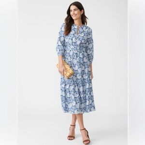 J. McLaughlin Cerina Blue and White Floral Belted Midi Dress
